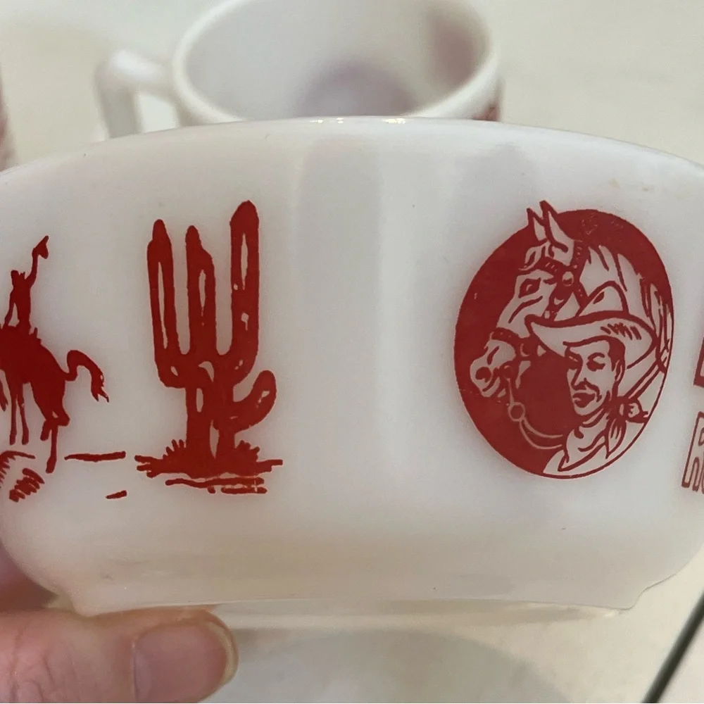 Vintage Ranger Joe Round Up Bowl and Mug Set Hazel Atlas Milk Glass 1950's Rare